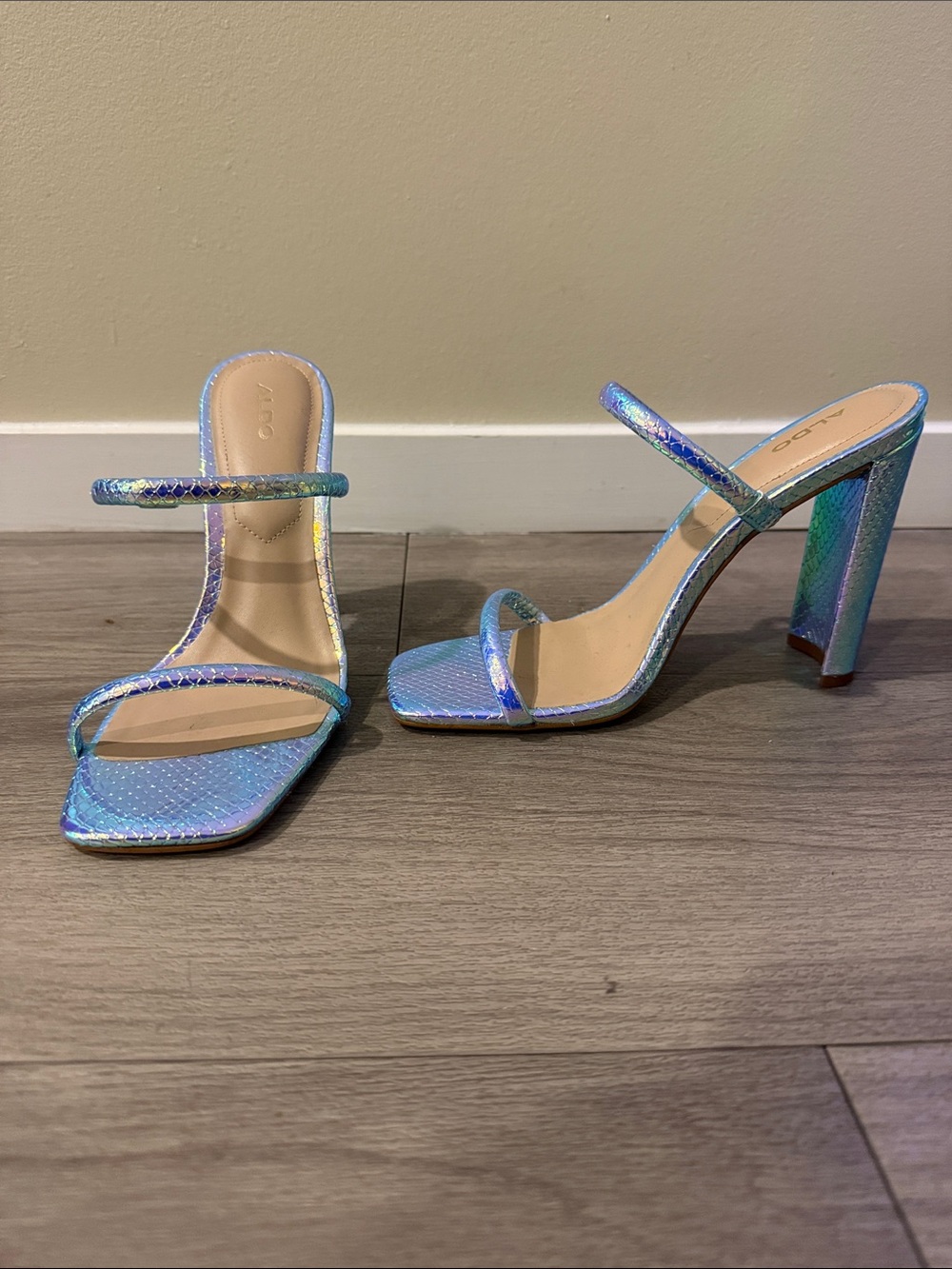 Aldo Iridescent Aqua-Blue Double Strap Block Heel Sandals